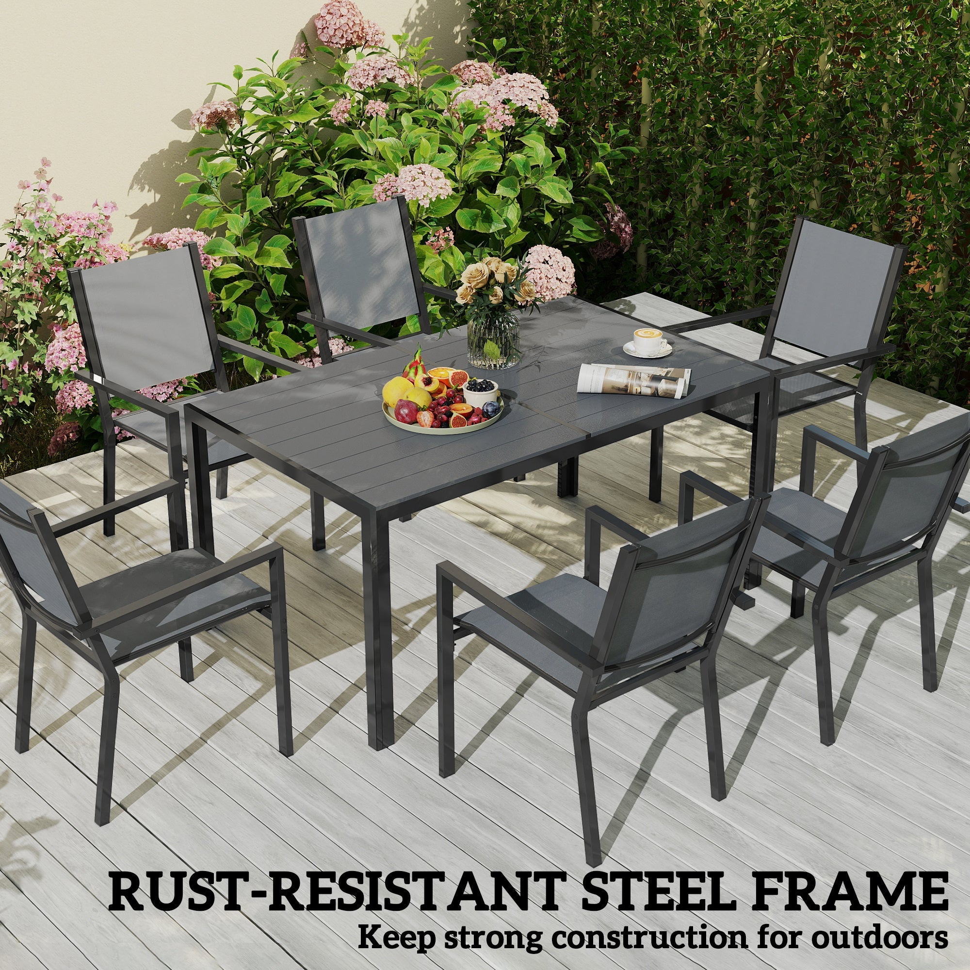 Outsunny 7 Piece Garden Dining Set, Outdoor Furniture Set with 6 Stackable Chairs and 150 cm Rectangle Table, WPC Slatted Top, Rust-Resistant Steel Frame, for Garden, Porch, Terrace 