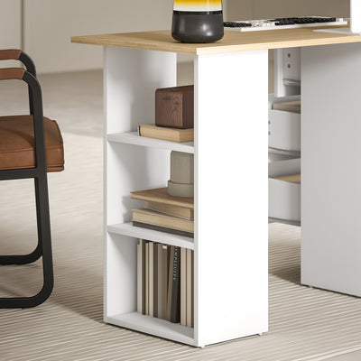 HOMCOM Computer Desk, Writing Table, PC Workstation with 3 Storage Shelves and Drawers, Silver Handle, for Home Office, Natural Wood Finish and White 