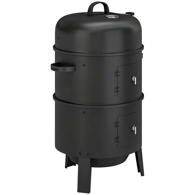 Outsunny 3-in-1 Vertical Charcoal Smoker with 2 Grill Grates, Built-in Thermometer, Adjustable Vent, 2 Doors 