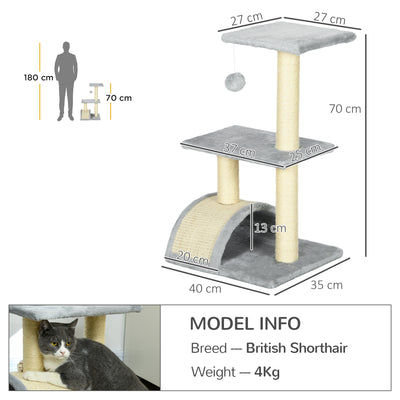 PawHut 72cm Cat Tree with Scratching Post, Pad for Indoor Cats - Light Grey 