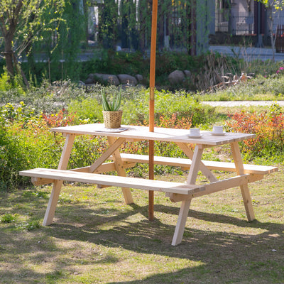 Outsunny 4 Seater Wooden Picnic Table Bench for Outdoor Garden or Patio with Parasol Cutout 150 cm Natural 