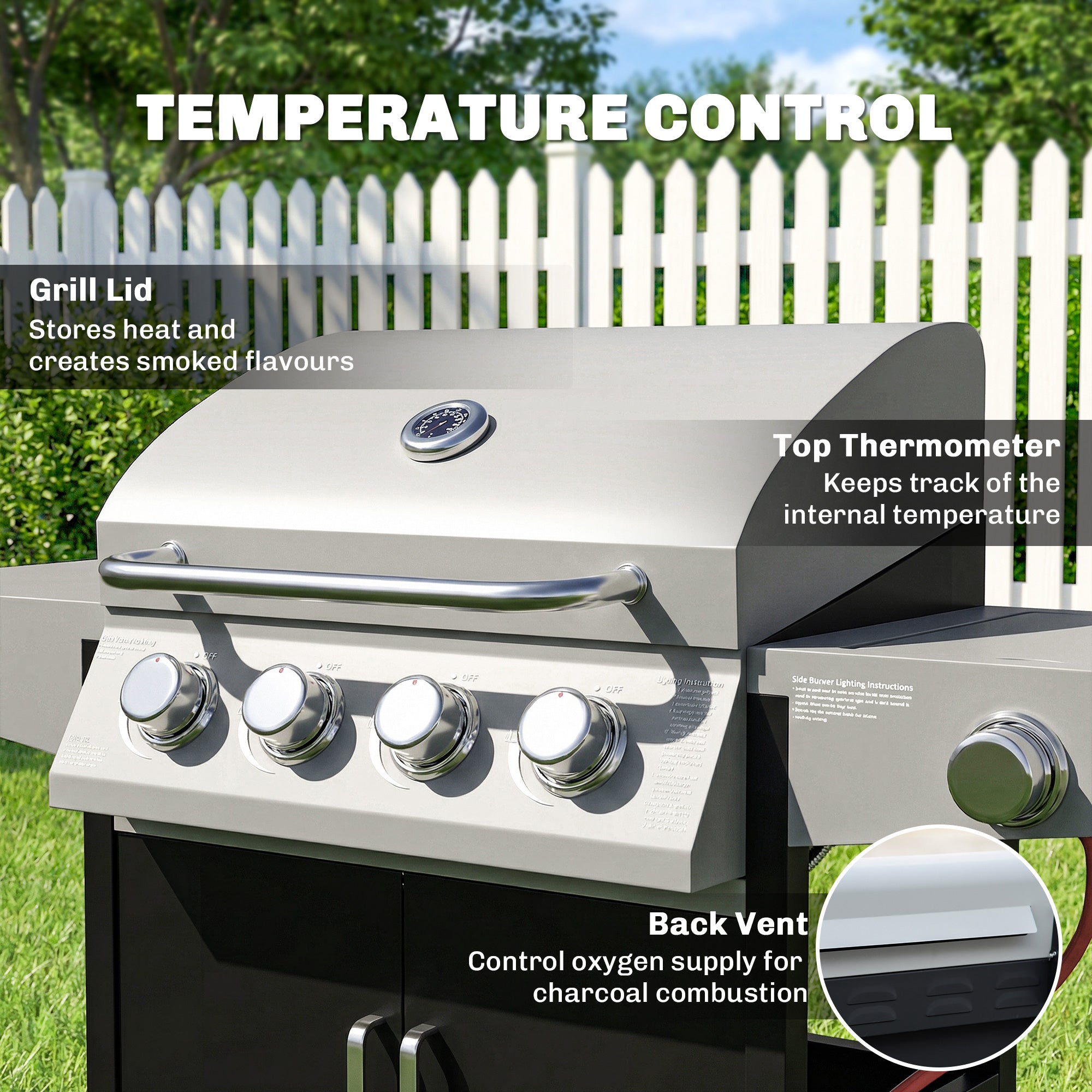 Outsunny 4+1 Burner Gas BBQ Grill with Side Burner, 50000 BTU Steel Portable Gas Barbecue Grill with Built-in Thermometer, Lid 