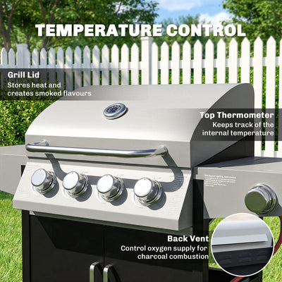 Outsunny 4+1 Burner Gas BBQ Grill with Side Burner, 50000 BTU Steel Portable Gas Barbecue Grill with Built-in Thermometer, Lid 