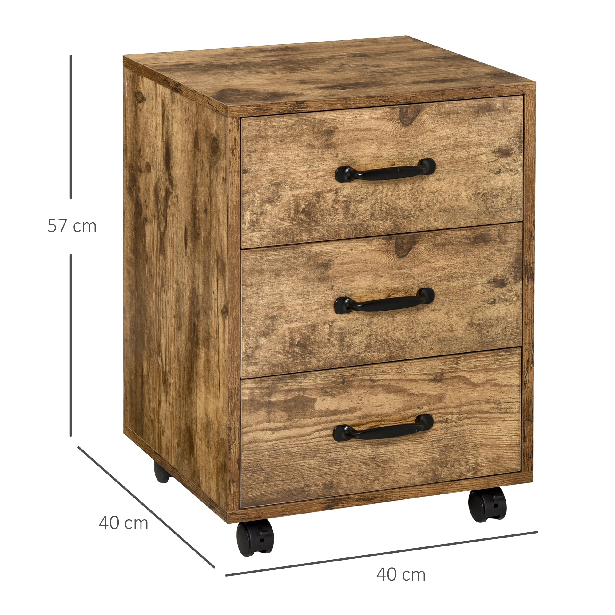 HOMCOM 3 Drawer File Cabinet, Mobile Filing Cabinet on Wheels for Home Office, Study, Rustic Brown 