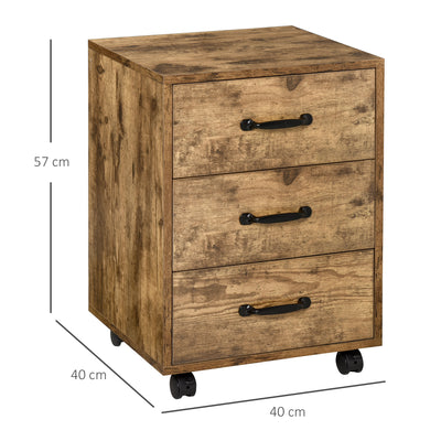 HOMCOM 3 Drawer File Cabinet, Mobile Filing Cabinet on Wheels for Home Office, Study, Rustic Brown 