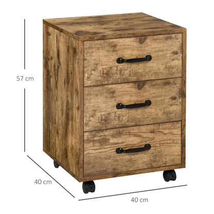 HOMCOM 3 Drawer File Cabinet, Mobile Filing Cabinet on Wheels for Home Office, Study, Rustic Brown 