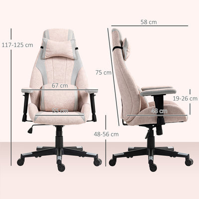 HOMCOM Fabric Gaming Chair with Lumbar Support, Headrest - Pale Pink 
