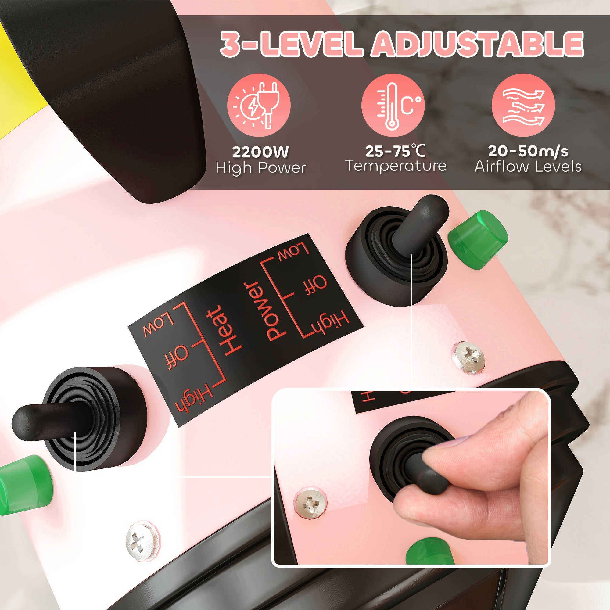 PawHut 2200W Dog Hair Dryer with Adjustable Temperature & Velocity, 3 Different Nozzles, Pink 