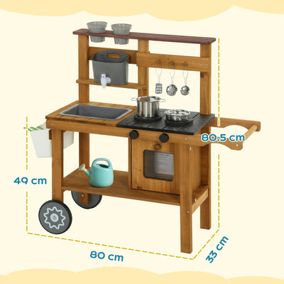 AIYAPLAY Wooden Mud Kitchen with Wheels, Stove, Faucet, Flower Pots, Stainless Steel Accessories for Toddlers 3-6, Brown 