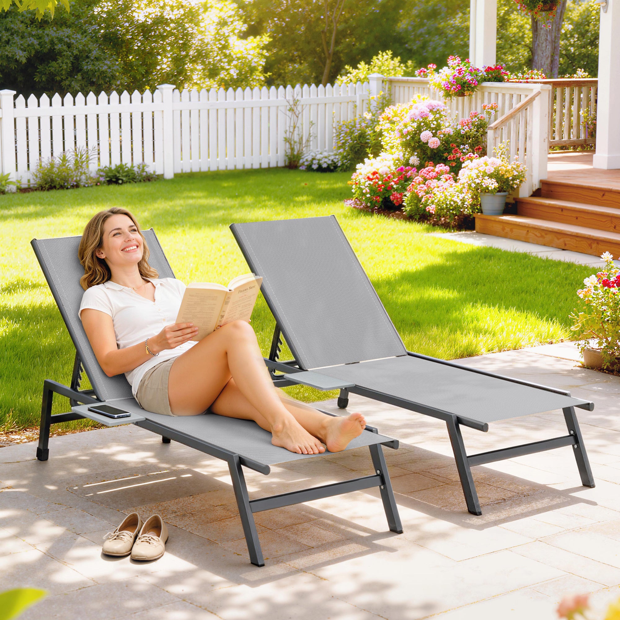 Outsunny Sun Loungers Set of 2 with Side Tray Table, Garden Recliners with 5-Position Adjustable Backrest, 2 Wheels, Grey 