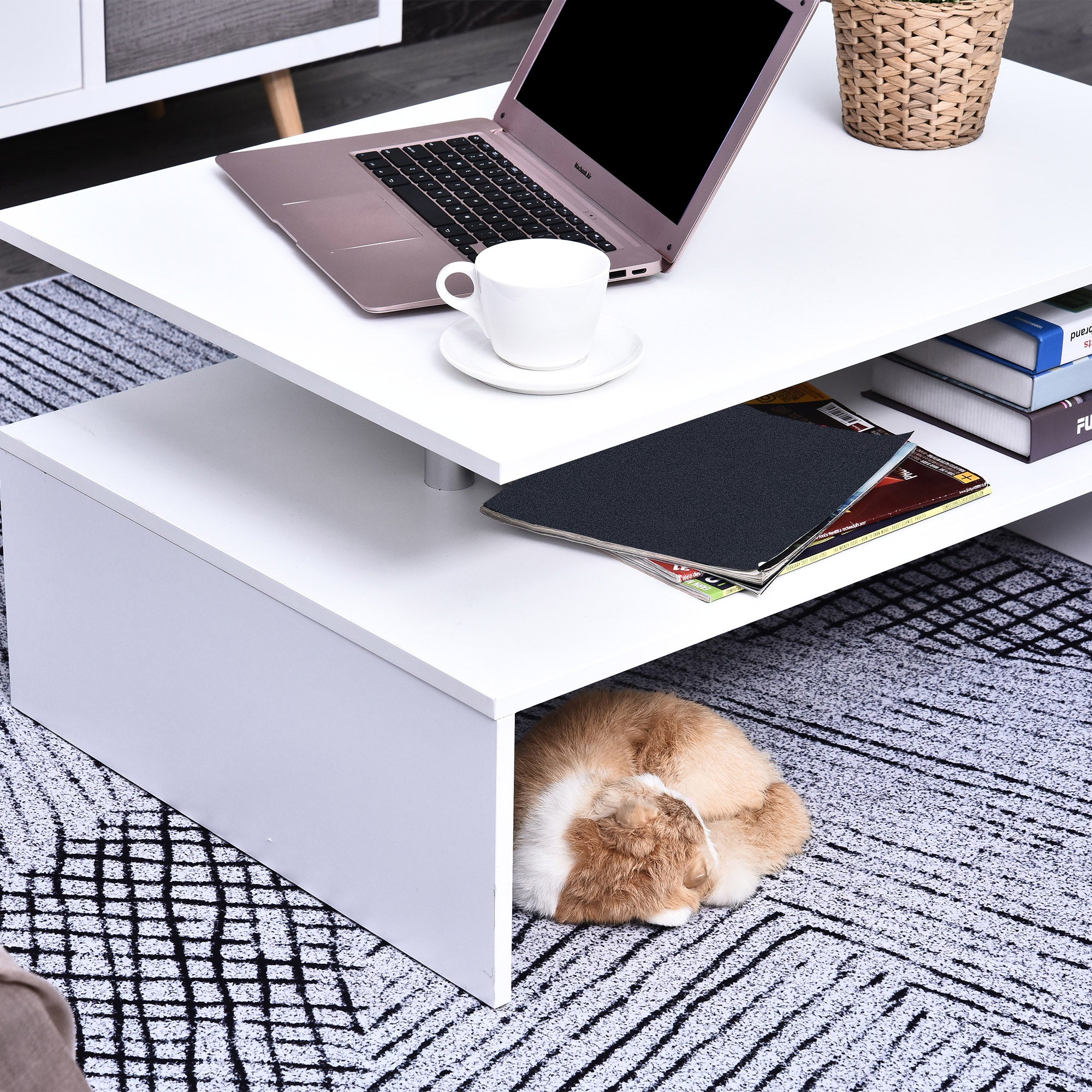 HOMCOM Coffee Table with Storage, 2-Tier Centre Table, Modern Living Room Table with Open Shelf and Aluminium Poles, White 