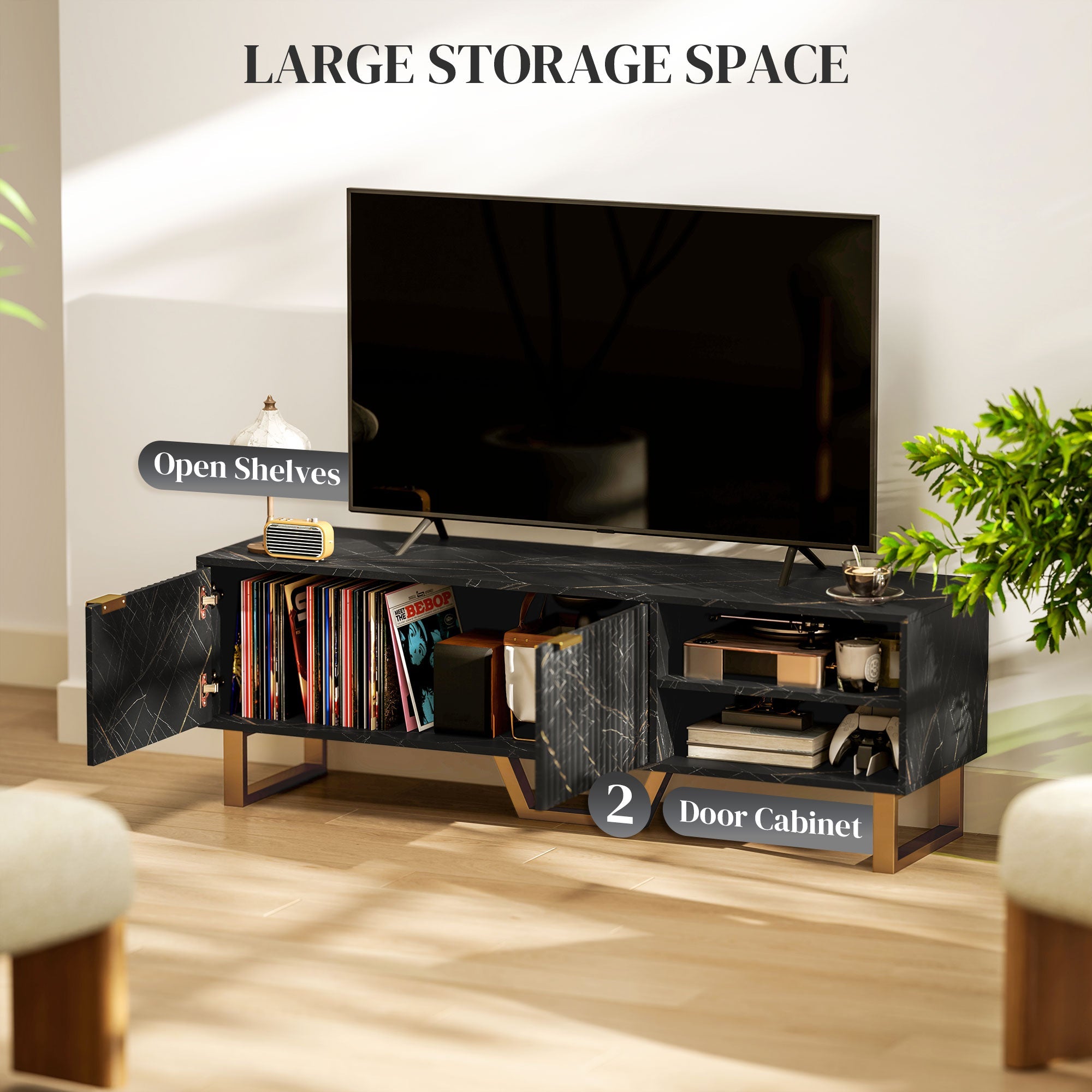 HOMCOM Marble Effect TV Unit, TV Stand Cabinet for up to 70" TVs, Modern TV Cabinet with Shelves and Storage Cupboard, Fluted Door, Extra Centre Leg, Cable Management for Living Room, Black 