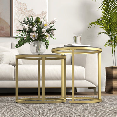 HOMCOM Modern Coffee Table Set of 2, Nest of Tables with Steel Frame and Tempered Glass Tabletop, Side Tables for Living Room Bedroom, Clear 