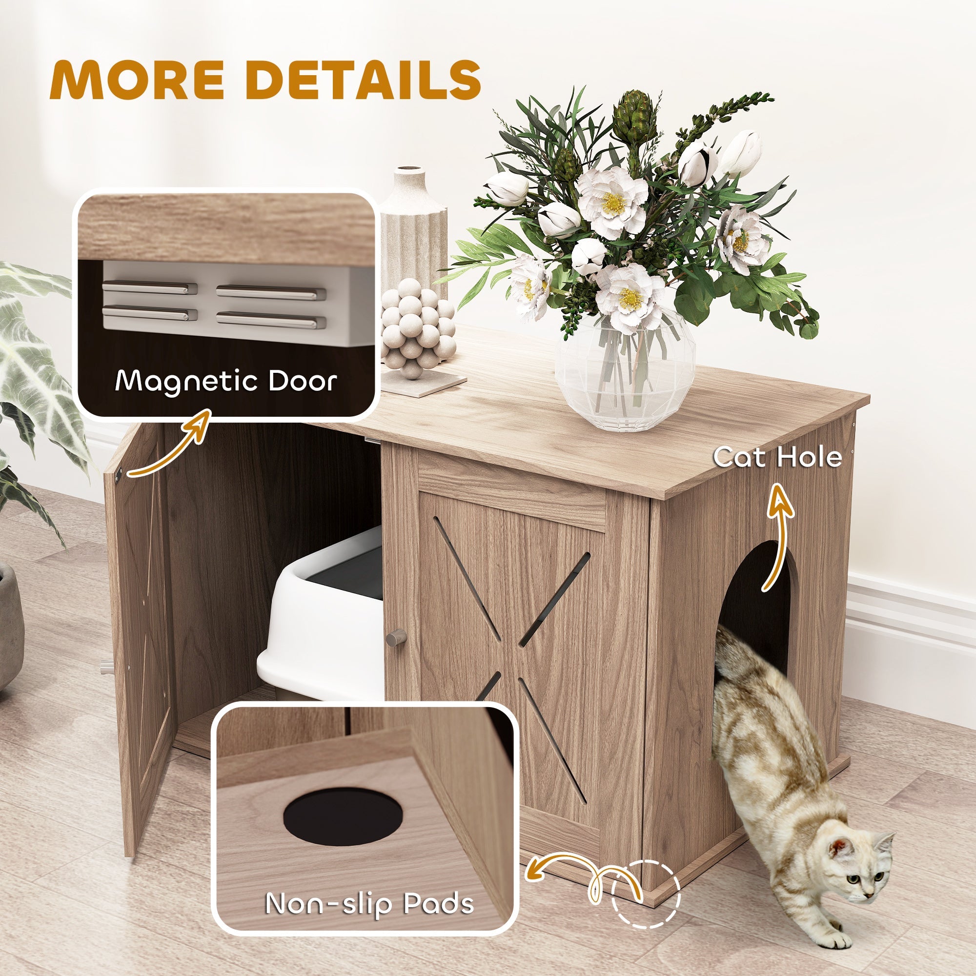 PawHut Cat Litter Box Enclosure with Double Doors and Side Entrance, Non-Slip Pads for Living Room, Walnut Brown 