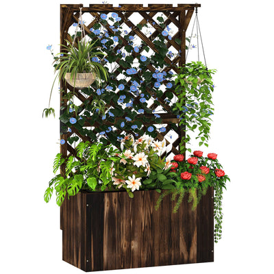 Outsunny Wooden Planter with Trellis, Freestanding Raised Garden Bed with Drainage Holes, Outdoor Planter Box with Liner for Vegetables, Herbs and Flowers, Carbonised 