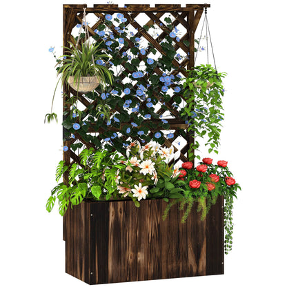 Outsunny Wooden Planter with Trellis, Freestanding Raised Garden Bed with Drainage Holes, Outdoor Planter Box with Liner for Vegetables, Herbs and Flowers, Carbonised 