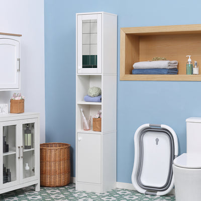 kleankin Tall Bathroom Storage Cabinet with Mirror, Narrow Bathroom Unit, Freestanding Bathroom Cupboard with Adjustable Shelves and 2 Doors, White 
