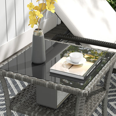 Outsunny 50cm Outdoor PE Rattan Coffee Table, Patio Wicker Two-tier Side Table with Glass Top, for Patio, Garden, Balcony, Grey 