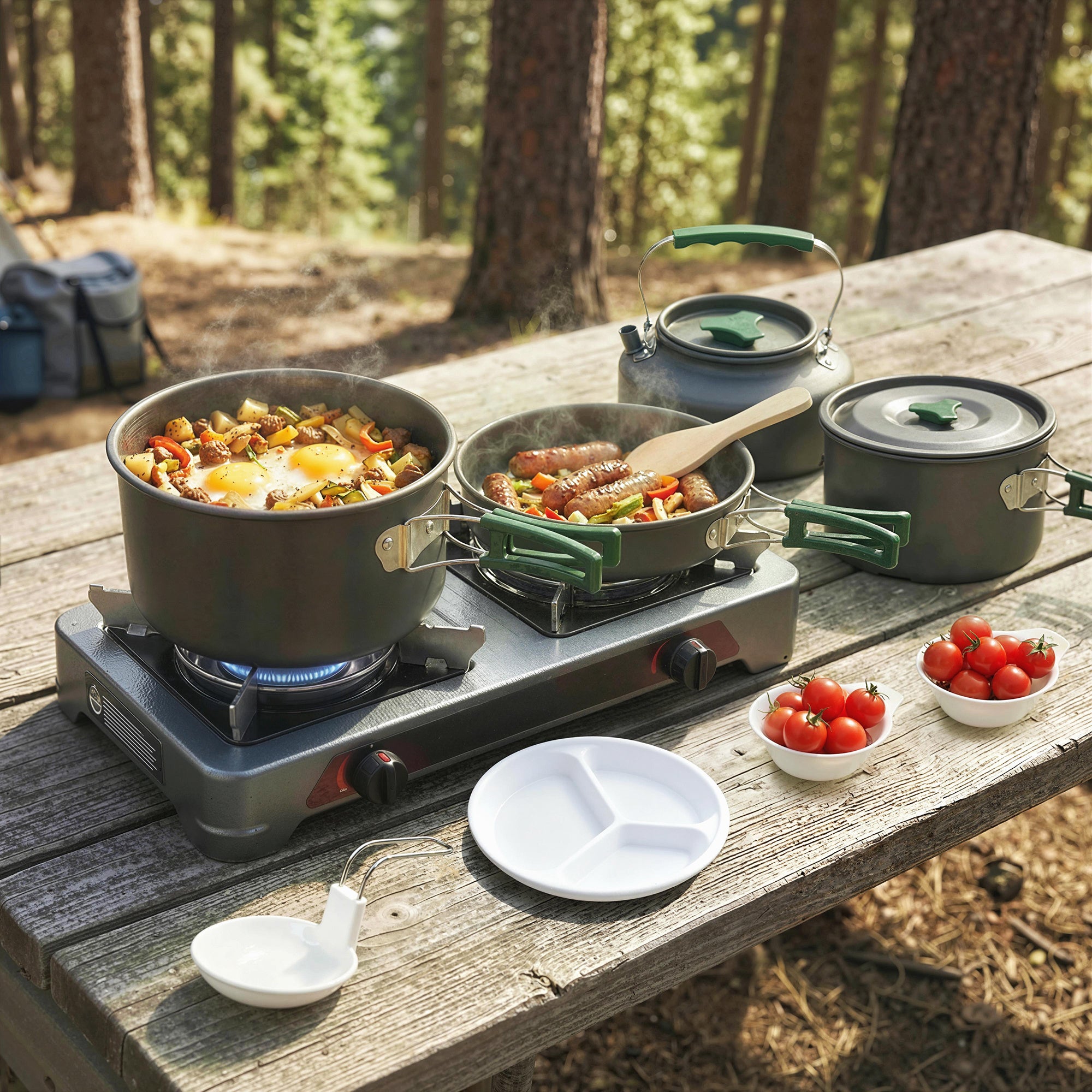 Outsunny Camping Cookware Set for 4-5 People, Lightweight Aluminium Camping Cooking Kit with Anti-Scald Handles, Grey 