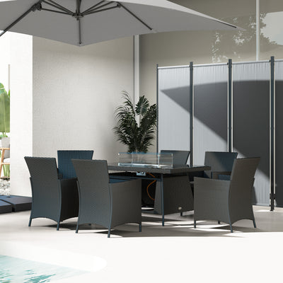 Outsunny 7 Pieces Outdoor Rattan Garden Furniture with Fire Pit Table, 6 Seater Garden Table and Chairs with Cushions, Rattan Dining Set with Propane Heater Table, Windscreen, 50,000 BTU, Black 