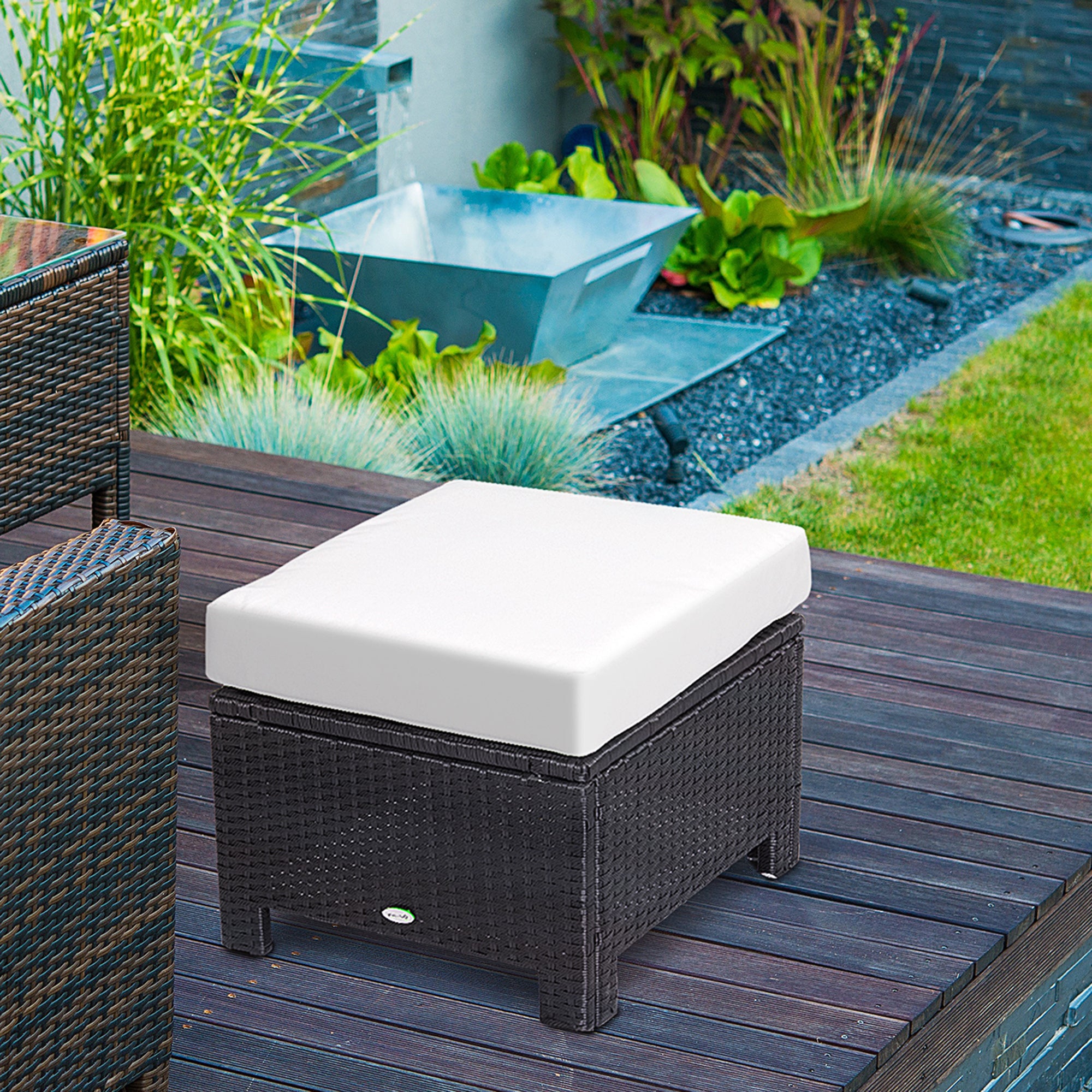 Outsunny Rattan Footstool Wicker Ottoman with Padded Seat Cushion Outdoor Patio Furniture for Garden Poolside Living Room, 50 x 50 x 35 cm, Black 