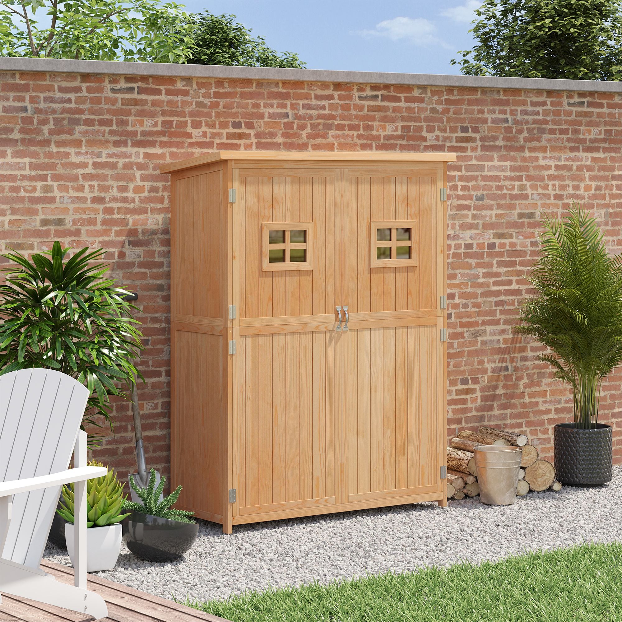 Outsunny Wooden Garden Shed with Two Windows, Tool Storage Cabinet, Outdoor Double Door Organizer 127.5L x 50W x 164H cm, Natural 