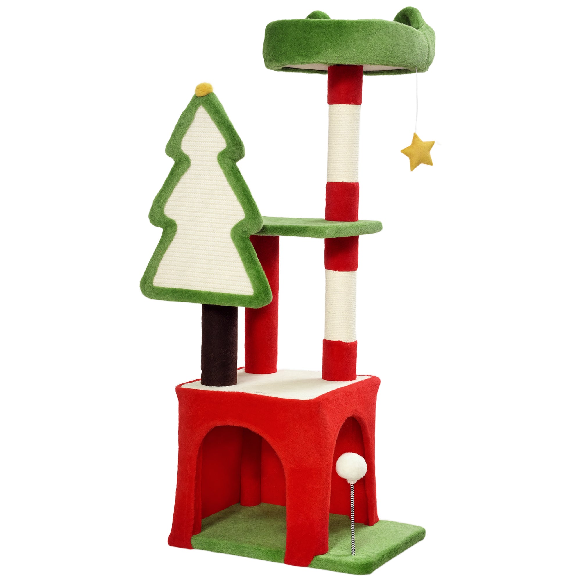 PawHut Christmas Cat Tree, 120cm Cat Tower with Scratching Post & Board, Platform, Toys, Green 