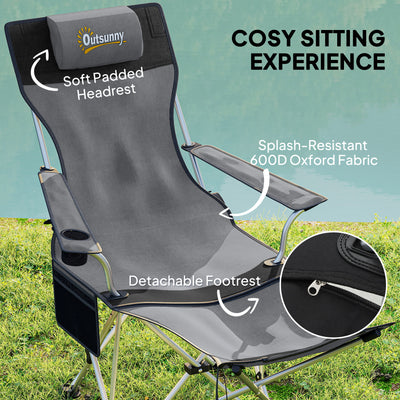 Outsunny Set of 2 Reclining Folding Camping Chair w/ Detachable Footrest, Storage Bag, Cup Holder & Headrest, Lightweight Portable Camp Chair for Beach, Picnic, Grey and Black 