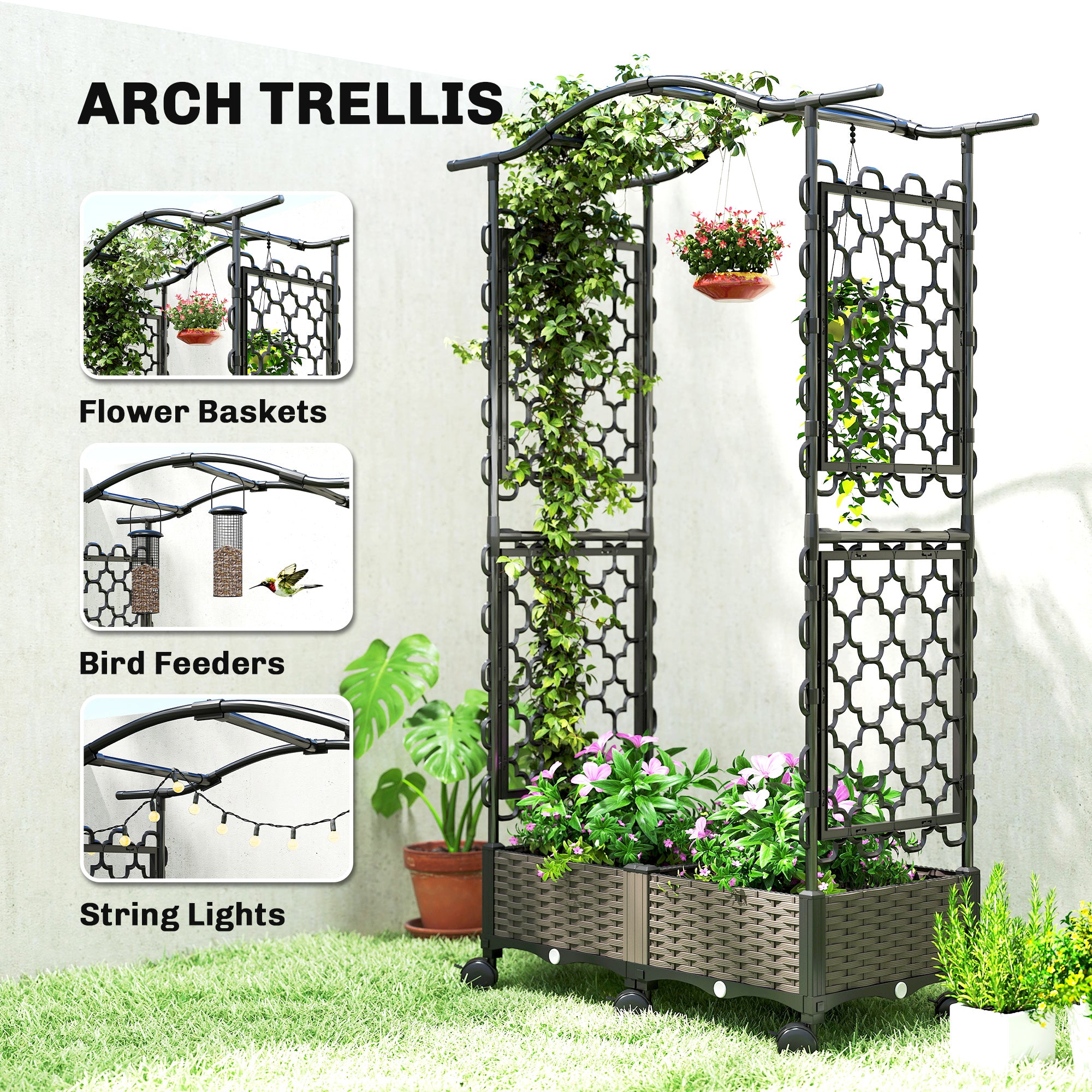Outsunny Raised Garden Bed with Arch Trellis, Raised Bed for Garden on Wheels with Side Trellis, Self Watering Planter Box 