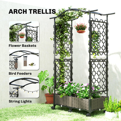 Outsunny Raised Garden Bed with Arch Trellis, Raised Bed for Garden on Wheels with Side Trellis, Self Watering Planter Box 