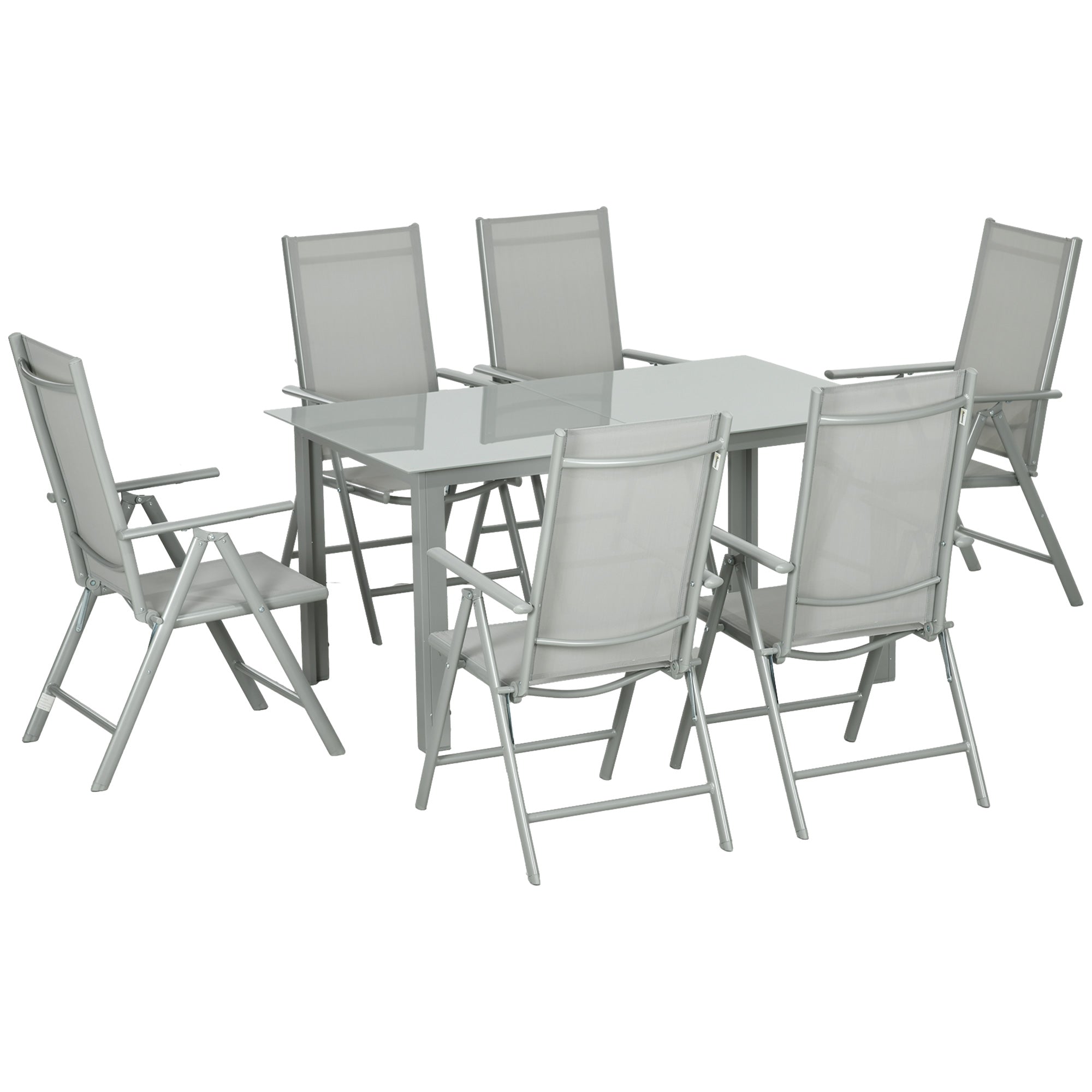 Outsunny 7 Piece Garden Dining Set, Outdoor Table and 6 Folding and Reclining Chairs, Aluminium Frame, Tempered Glass Top Table, Texteline Seats, Grey 