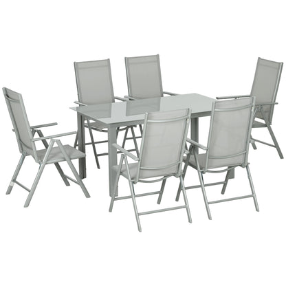 Outsunny 7 Piece Garden Dining Set, Outdoor Table and 6 Folding and Reclining Chairs, Aluminium Frame, Tempered Glass Top Table, Texteline Seats, Grey 