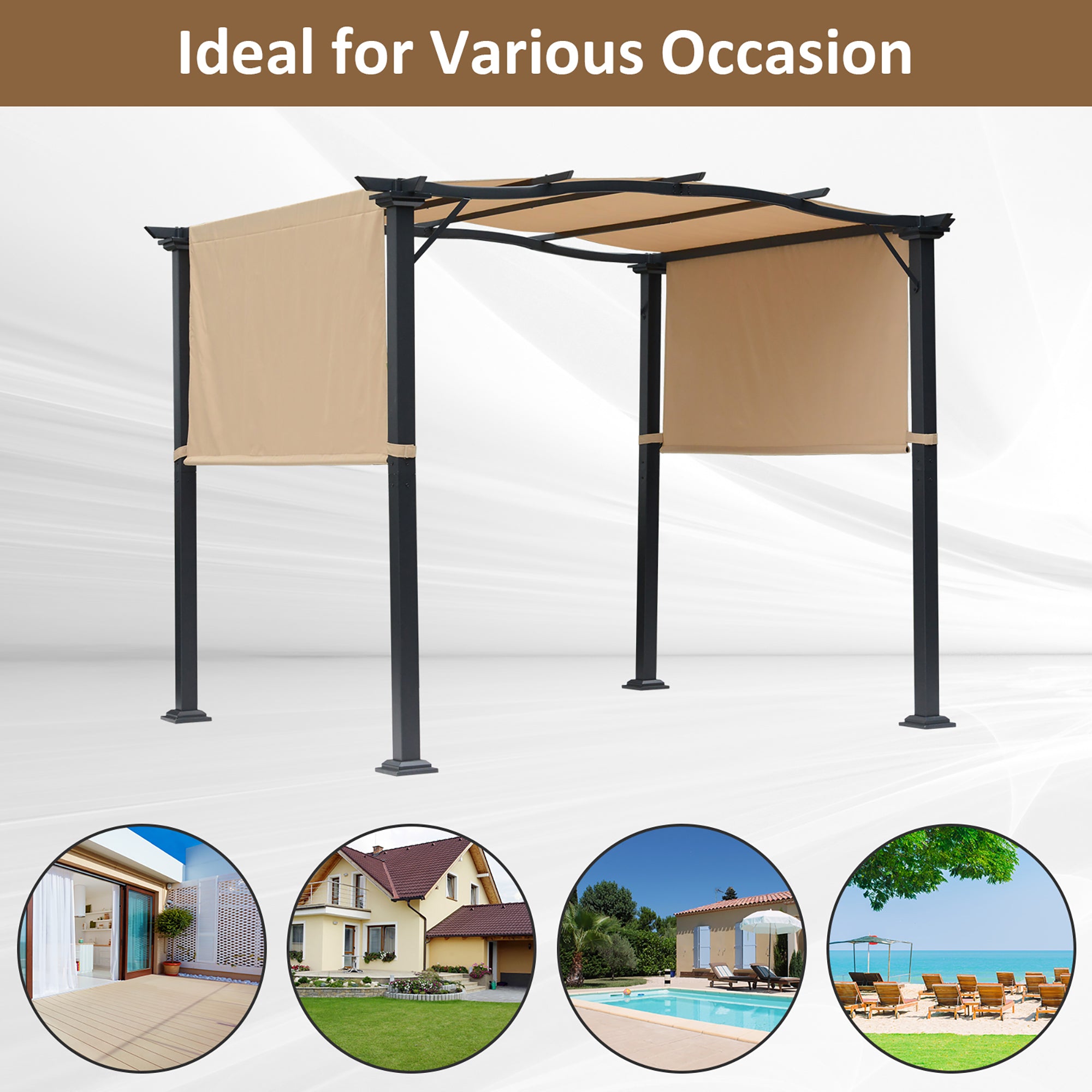 Outsunny Outdoor Retractable Pergola Garden Gazebo with Two Adjustable Side Canopy Overhead Sun Shade Backyard Canopy Cover, Steel Khaki 2.96x2.45x2.3m 