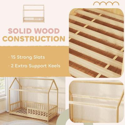 HOMCOM House-Shaped Kids Bed Frame with Guard Rails, Solid Pine Wood Single Bed Frame for Kids Boys and Girls, Natural 