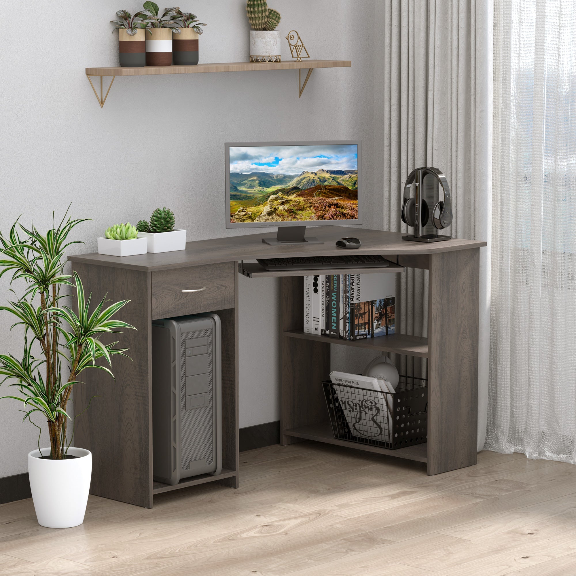 HOMCOM L-Shaped Corner Computer Desk w/ 2 Shelves Wide Worktop Keyboard Tray Drawer & CPU Stand Home Office Study Bedroom Furniture Grey 