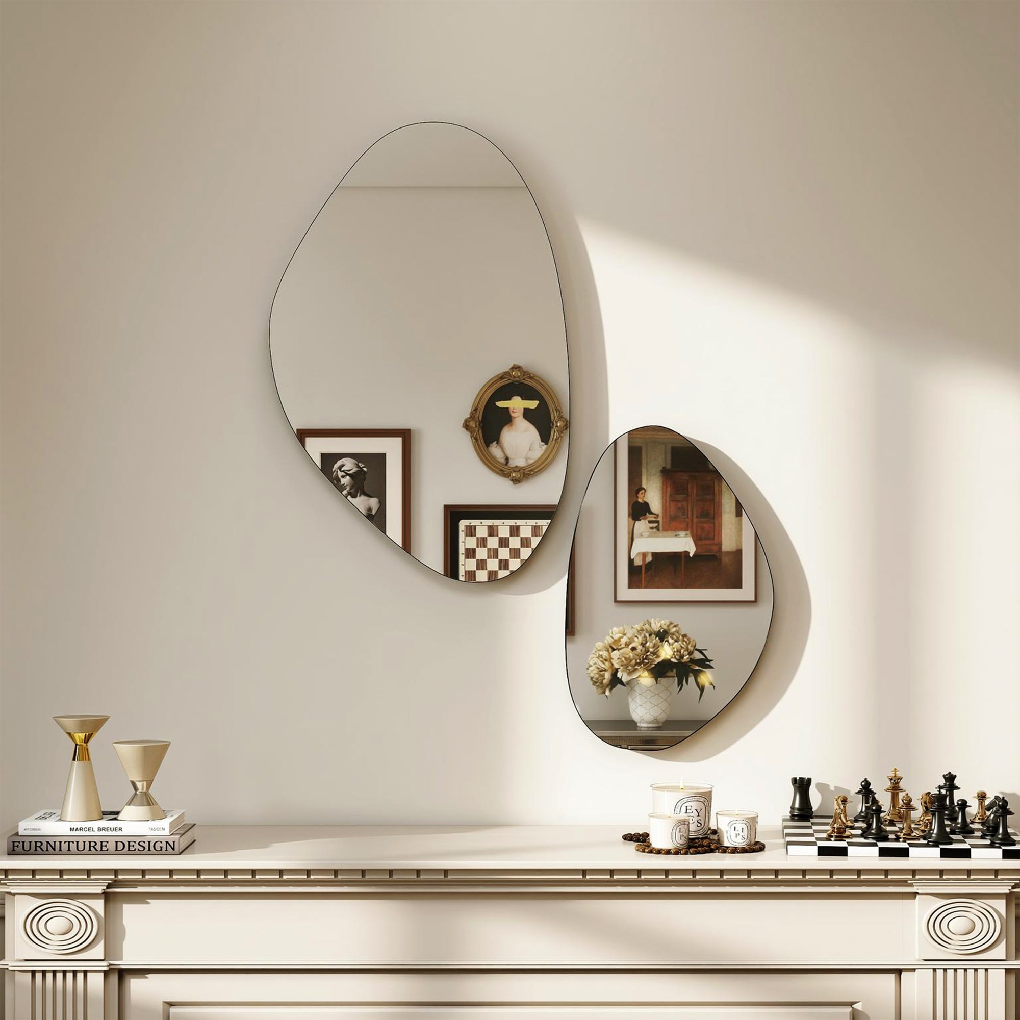 HOMCOM Set of 2 Pebble-Shaped Wall Mirror - Black 