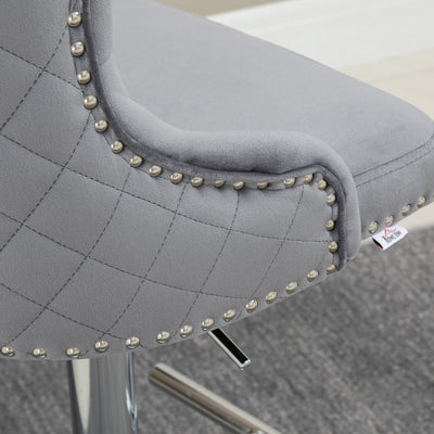 HOMCOM Modern Adjustable Bar Stools Set of 2, Swivel Velvet Barstools with Button Tufted Back, Footrest, Nailhead Trim for Home Bar, Grey 