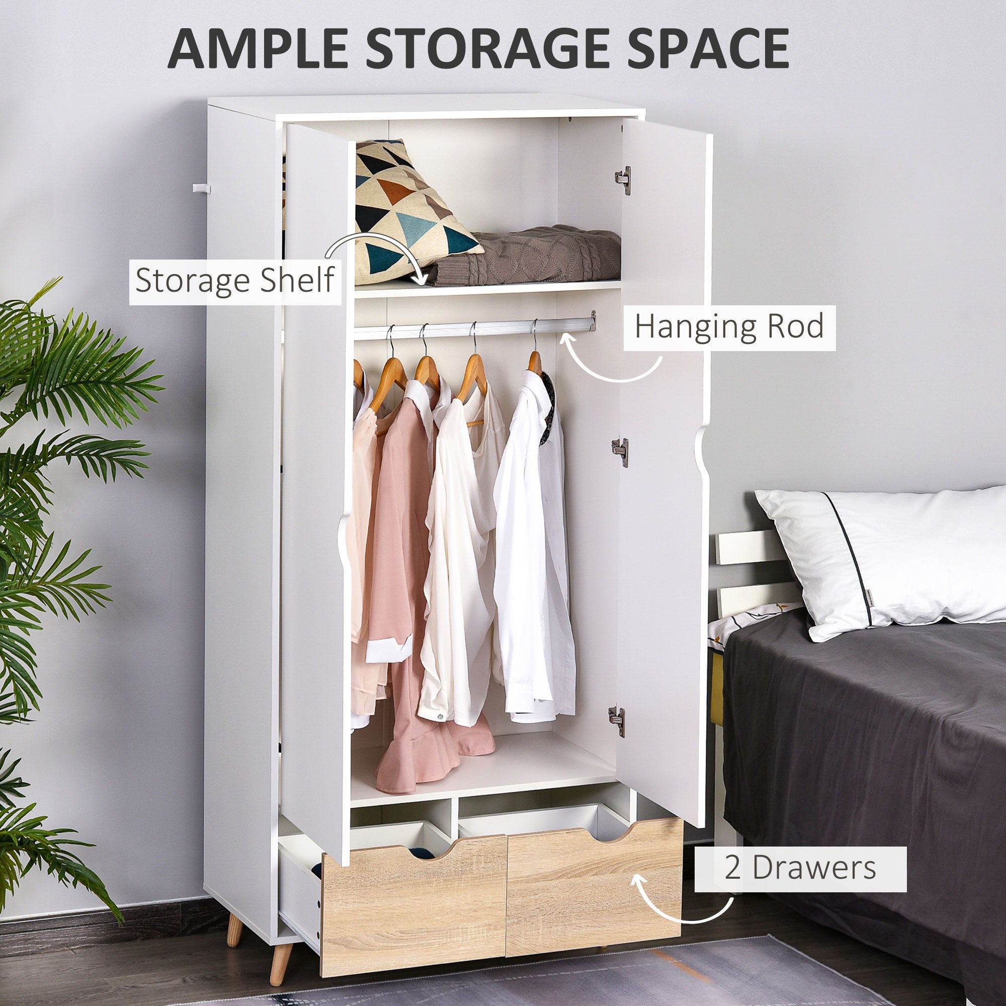 HOMCOM 2-Door Clothes Wardrobe w/ Rail Shelf 2 Drawers Wood Feet Elegant Home Storage Organisation Furniture Dresses Coats Blankets Shoes White 