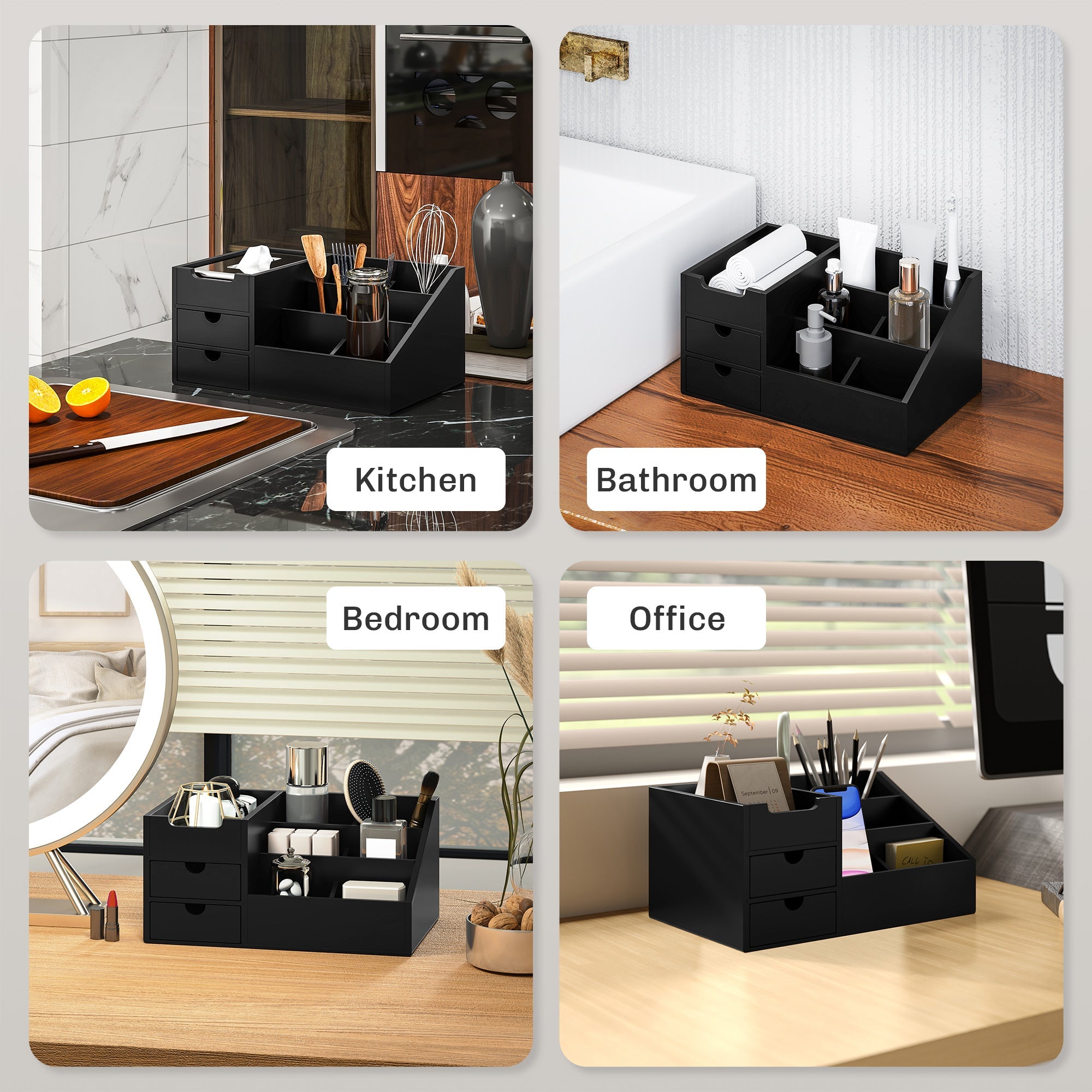 HOMCOM Desk Organiser Holder, Bamboo Multi-Function Storage Caddy with 7 Storage Compartments and 2 Drawers for Home Office Stationary Supplies, Black 