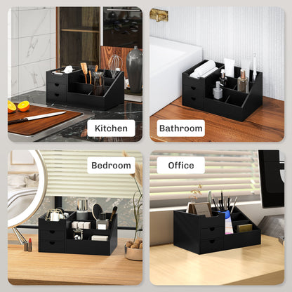HOMCOM Desk Organiser Holder, Bamboo Multi-Function Storage Caddy with 7 Storage Compartments and 2 Drawers for Home Office Stationary Supplies, Black 