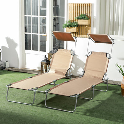 Outsunny Outdoor Foldable Sun Lounger Set of 2, 4 Level Adjustable Backrest Reclining Sun Lounger Chair with Angle Adjust Sun Shade Awning for Beach, Garden, Patio, Sand 