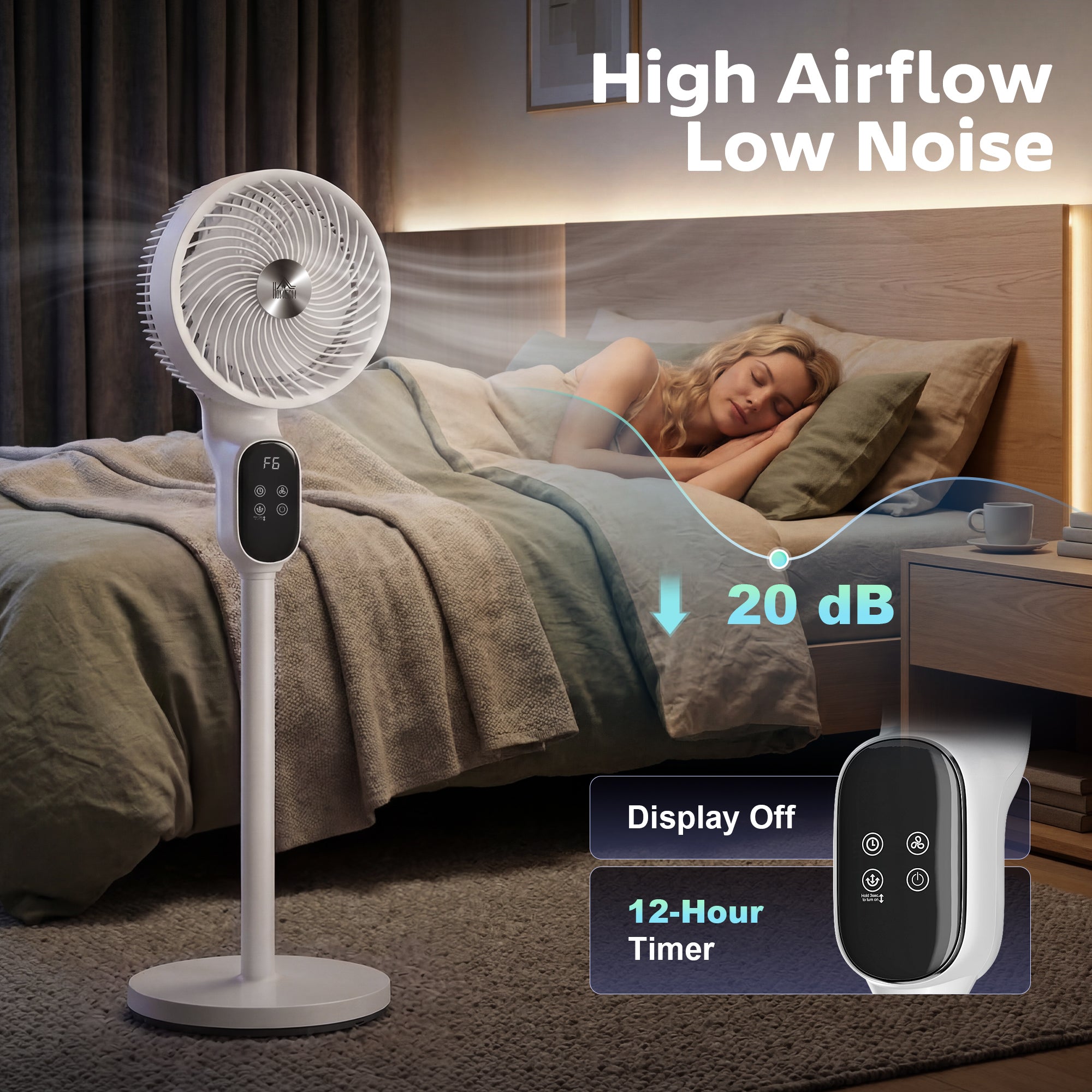 HOMCOM 20 dB Silent Standing Fan for Bedroom, 39in Pedestal Fan with Remote, Oscillating, 8 Speeds, Adjustable Height, White 