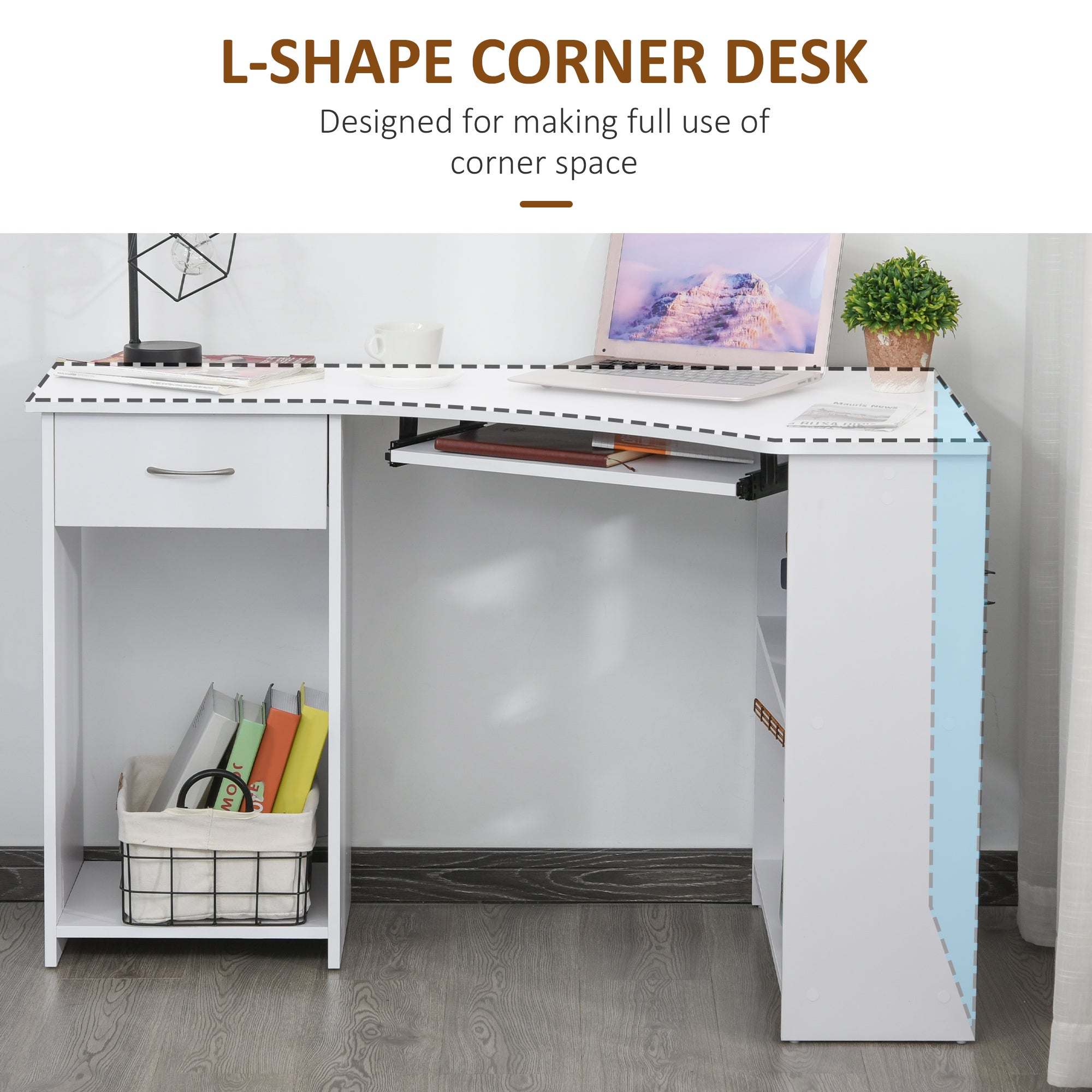 HOMCOM L-Shaped Corner Computer Desk w/ 2 Shelves Wide Worktop Keyboard Tray Drawer & CPU Stand Home Office Study Bedroom Furniture White 