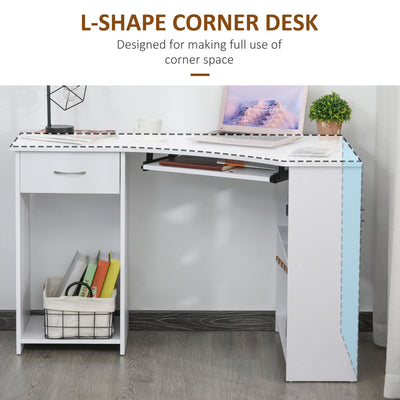 HOMCOM L-Shaped Corner Computer Desk w/ 2 Shelves Wide Worktop Keyboard Tray Drawer & CPU Stand Home Office Study Bedroom Furniture White 