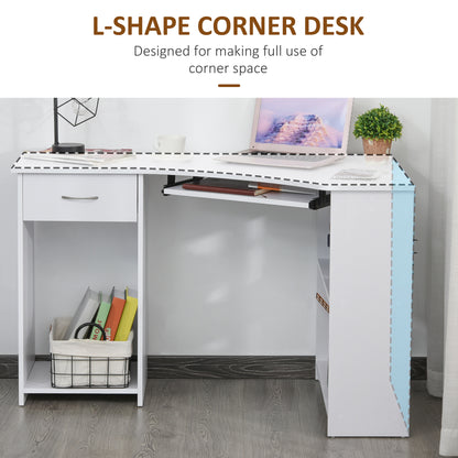 HOMCOM L-Shaped Corner Computer Desk w/ 2 Shelves Wide Worktop Keyboard Tray Drawer & CPU Stand Home Office Study Bedroom Furniture White 