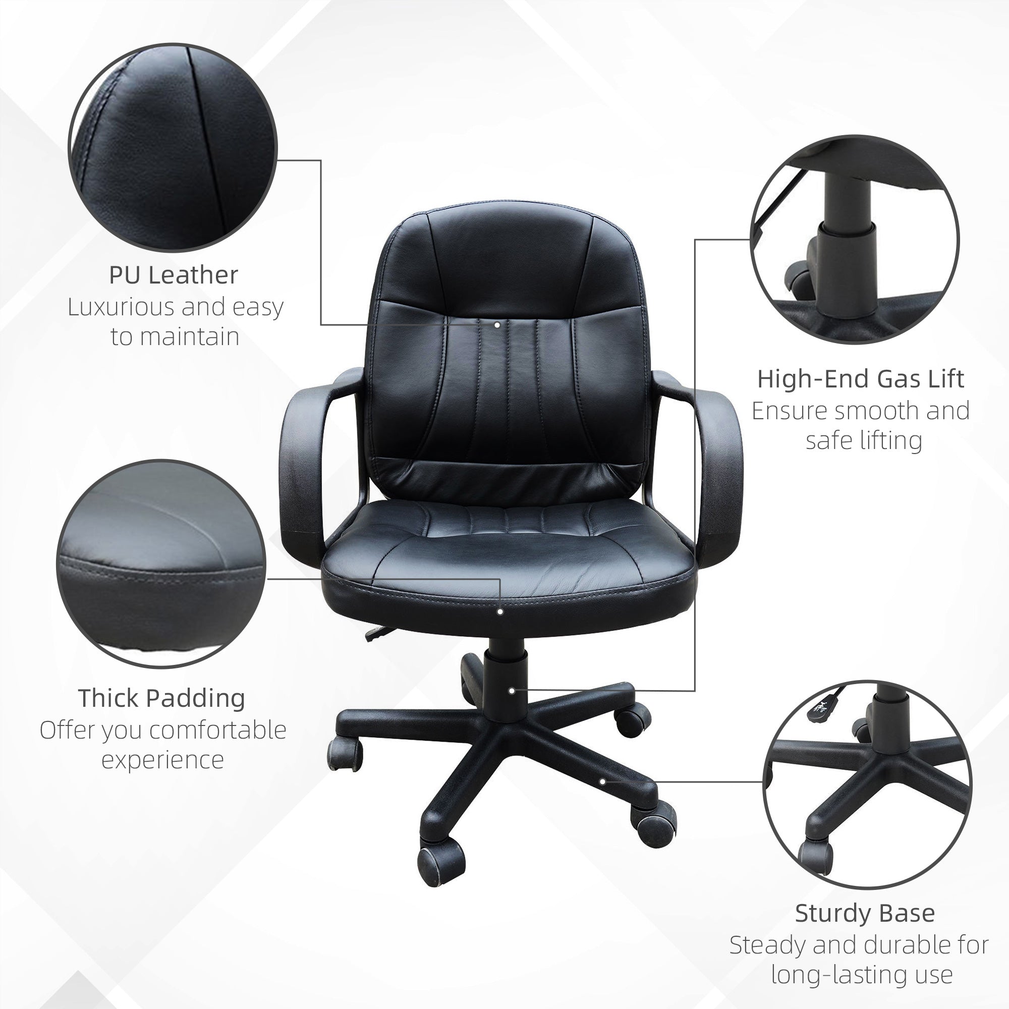 HOMCOM Swivel Executive Office Chair, PU Leather Computer Desk Chair with Adjustable Height, Wheels, Black 