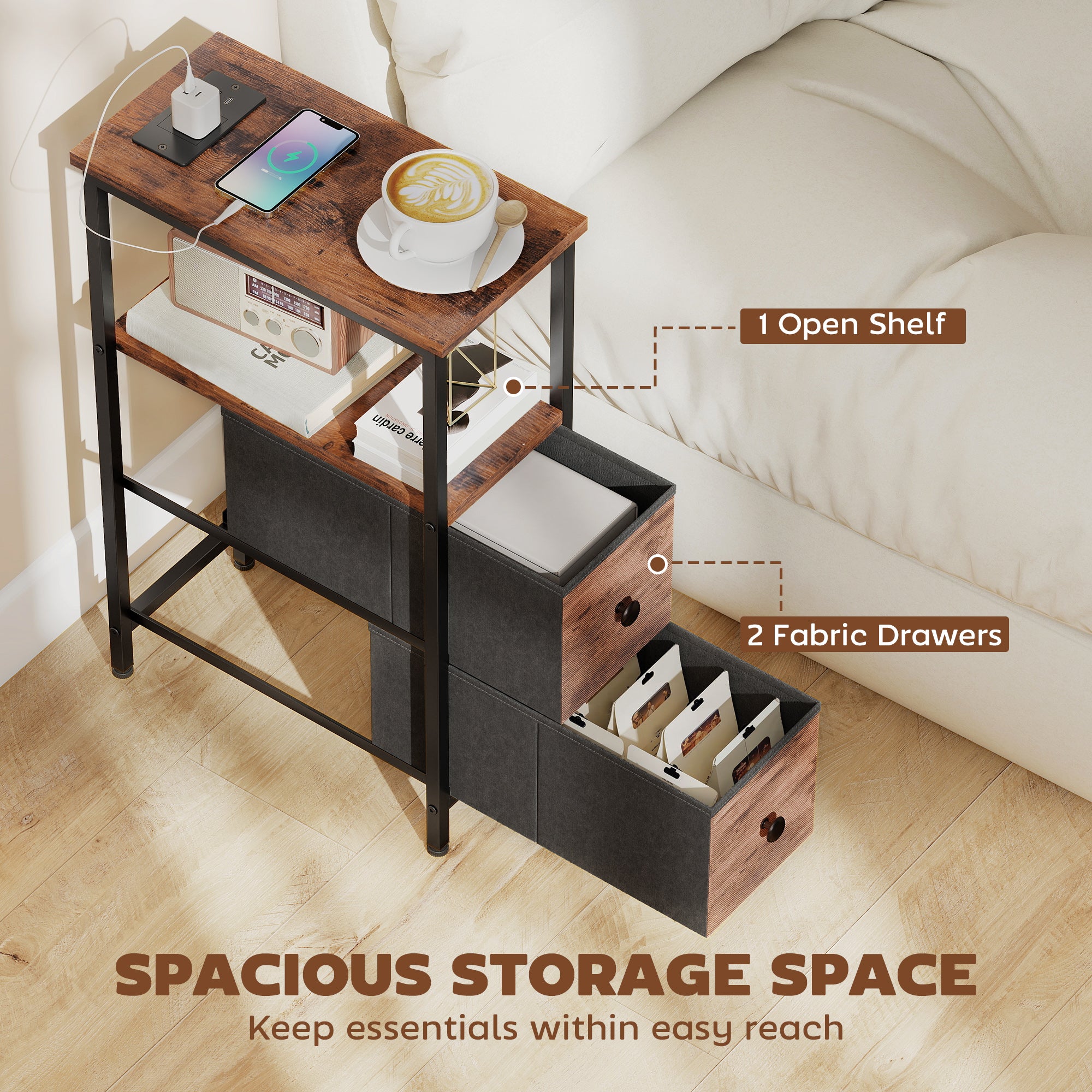 HOMCOM Side Table, Narrow Bedside Table with Charging Station, 2 Drawers, AC Outlet and 2 USB Ports for Living Room, Bedroom 