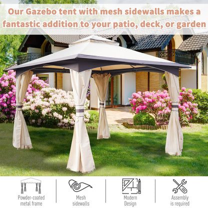 Outsunny 3.2 x 3.2m Garden Gazebo, Double Roof Outdoor Gazebo Canopy Shelter with Netting, Solid Steel Frame for Garden, Lawn, Backyard and Deck 
