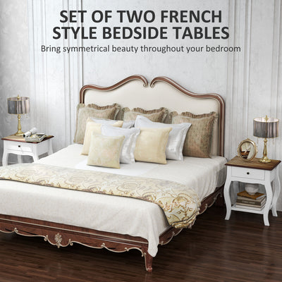 HOMCOM 2pcs Bedside Tables with Drawer, French Style Bedside Cabinets with Open Shelf for Bedroom, Living Room, White 