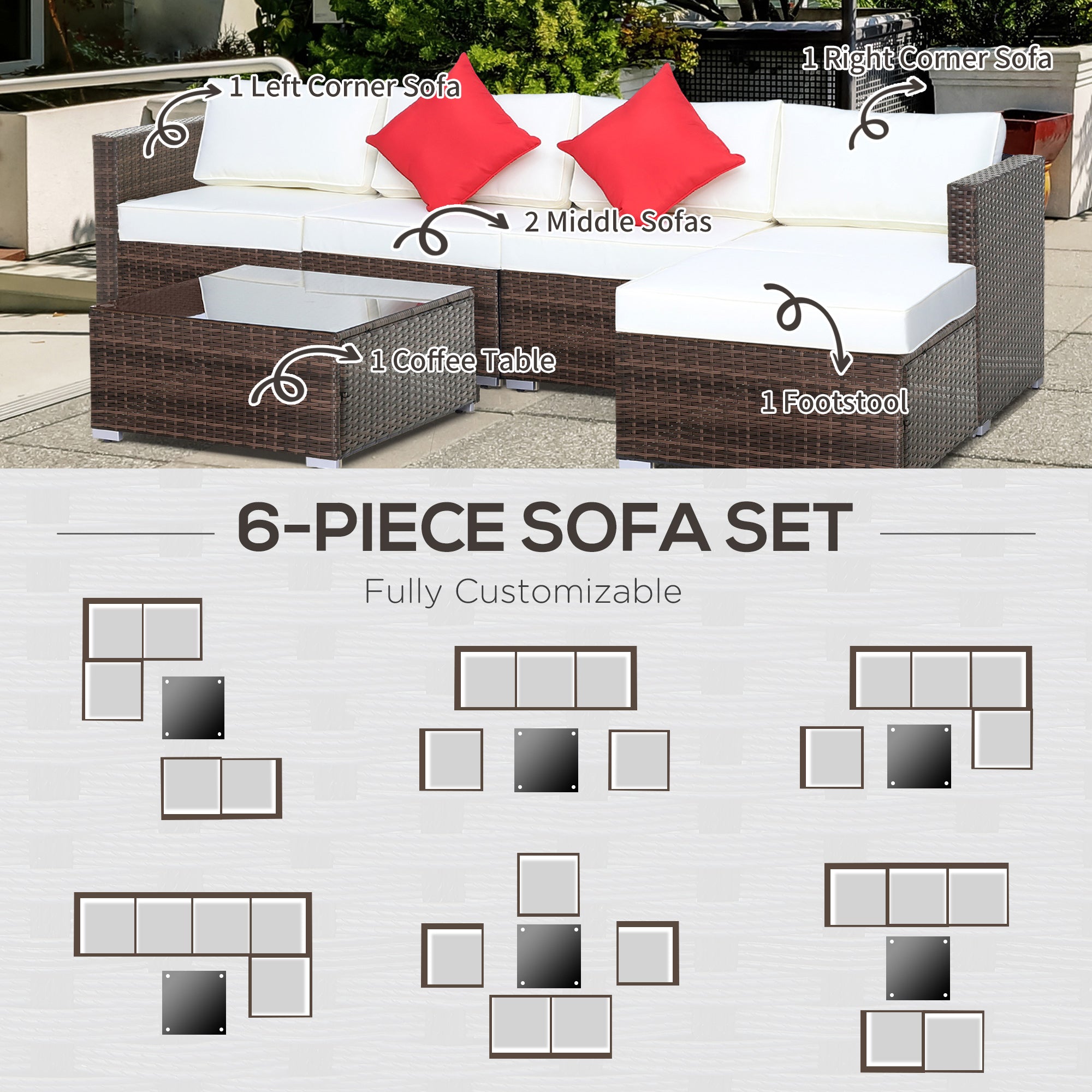 Outsunny 6 Pieces Rattan Garden Furniture Set, 5 Seater Sectional Garden Corner Sofa Set with Glass Top Coffee Table, Cushions and Pillows, All-Weather Wicker Conversation Furniture, Cream White 